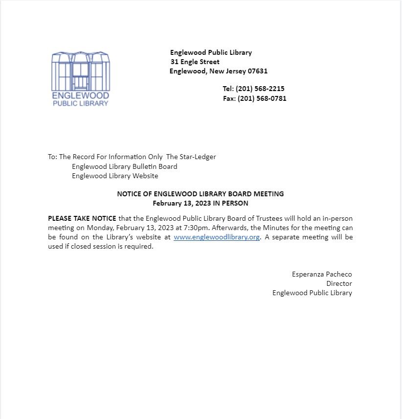 Notice of Englewood Library Board Meeting - February 13th (1)