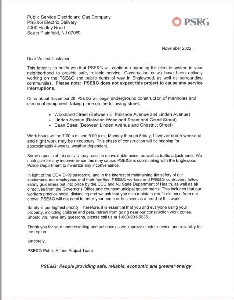 Letter from PSEG Upgrading Electric System