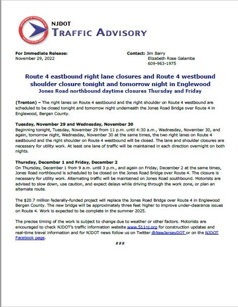 NJ DOT Traffic Advisory - November 29th