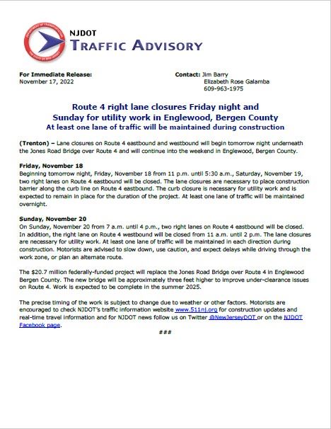 NJ DOT  Traffic Advisory - Route 4 Right Lane Closures