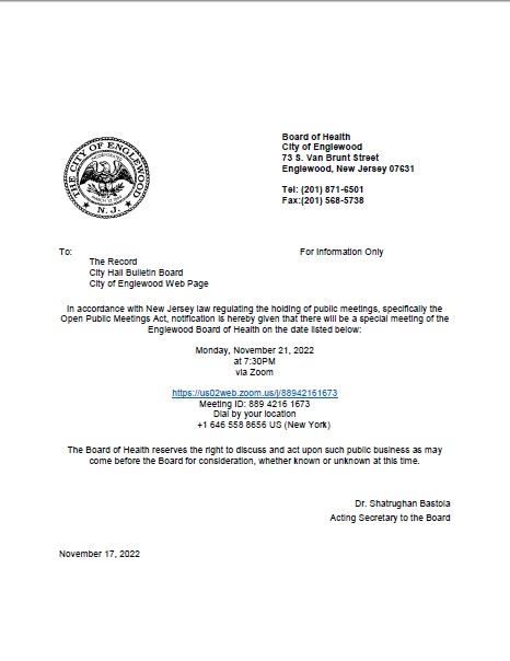 Public Notice Special Meeting Board of Health