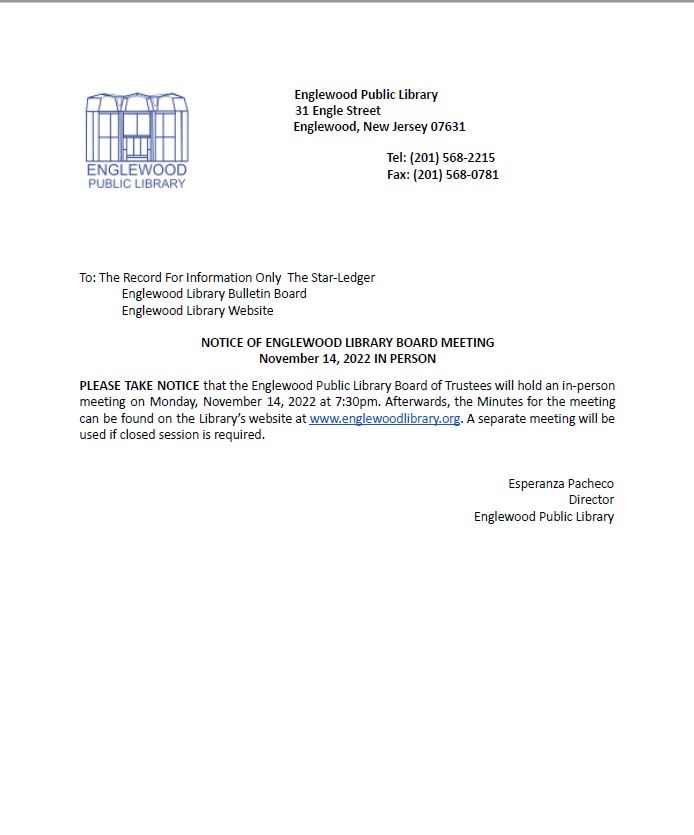 Notice of Englewood Library Board Meeting - November 14th 2022