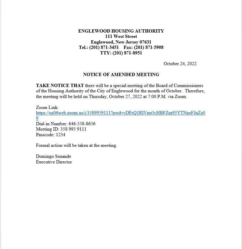 EHA Notice of Amended Meeting