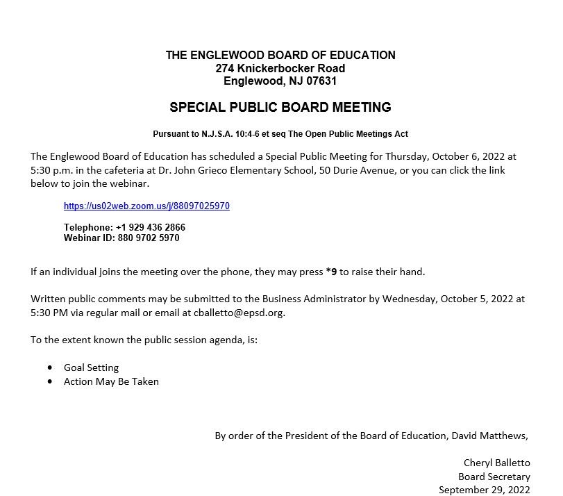 Notice of Special Public Board Meeting - October 6th