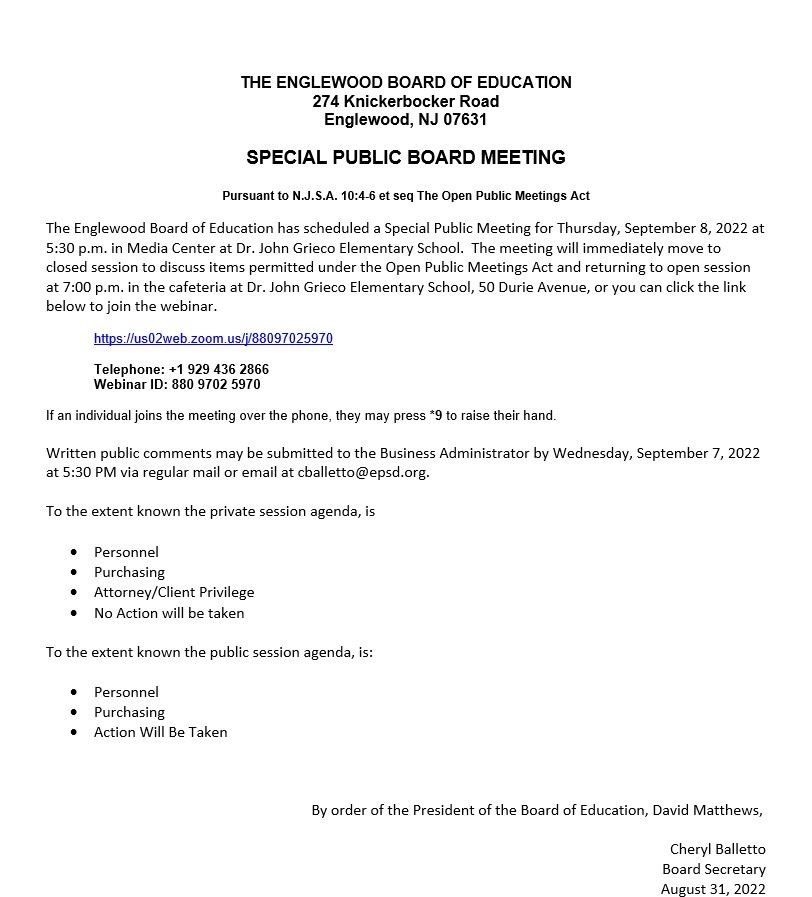 Notice of Special Public Meeting - September 8th 2022