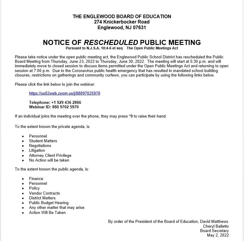 Notice of Rescheduled Public Meeting - June 30th
