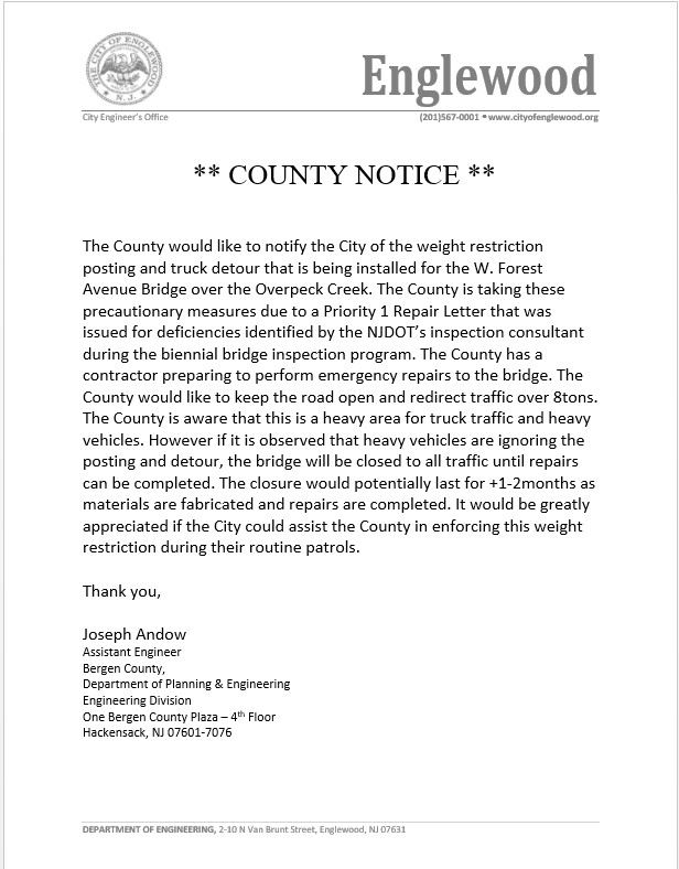 County Notice W. Forest Avenue Bridge