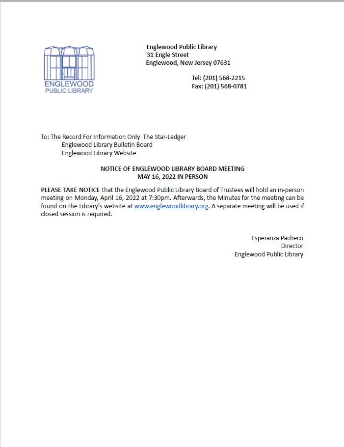Notice of Englewood LIbrary Board Meeting - May 16th