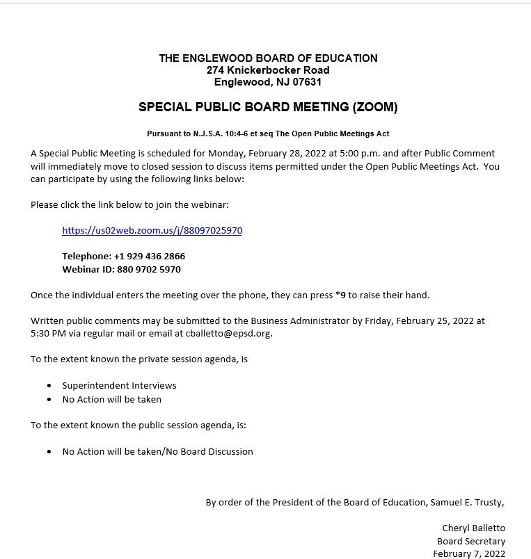 Special Public Board Meeting February 28