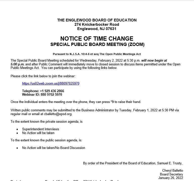 Notice of Time Change Special Public Board Meeting
