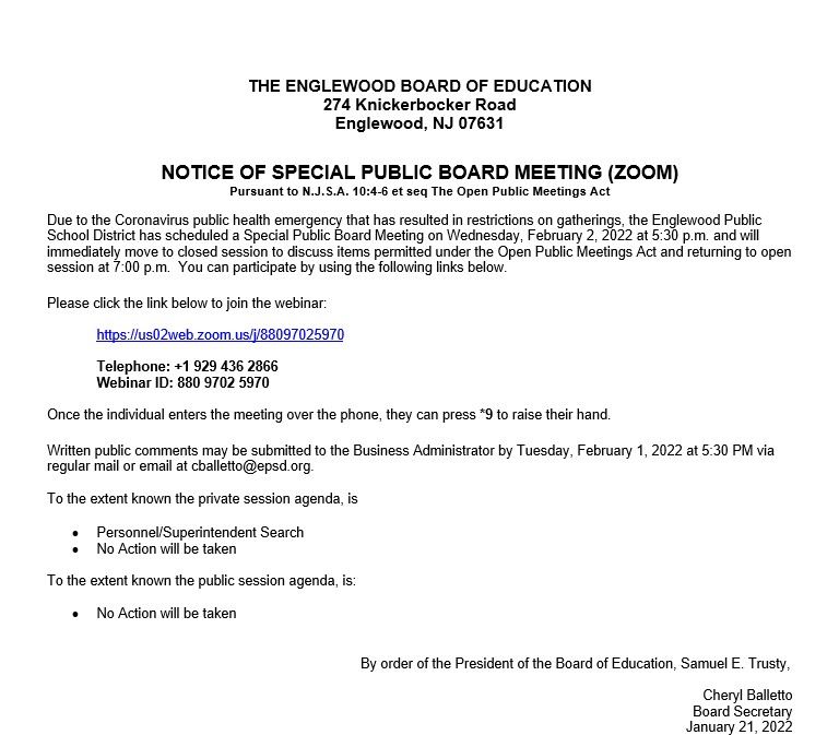 Notice of Special Public Board Meeting February 2nd