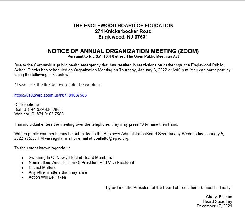 Notice of Annual Organzation Meeting-Englewood Public School District