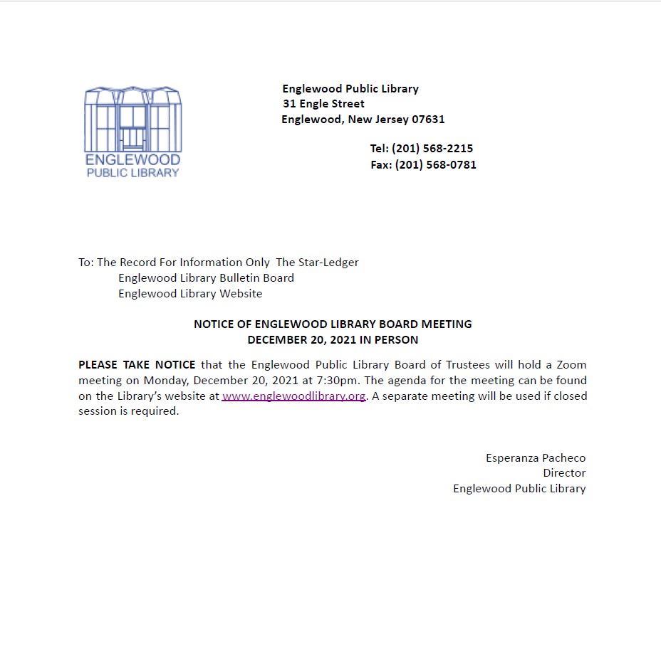 Notice of Englewood Library Board Meeting - December 20