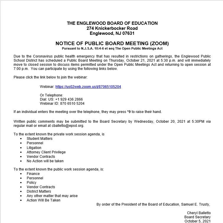 Notice of Public Board Meeting - October 21st