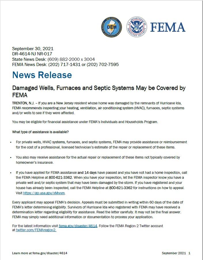 FEMA Damaged Wells, Furnaces and Septic Systems