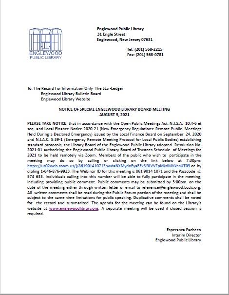 Notice of Special Englewood Library Board Meeting - August 9th