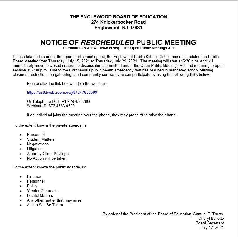 Notice of Rescheduled Public Meeting - July 29th