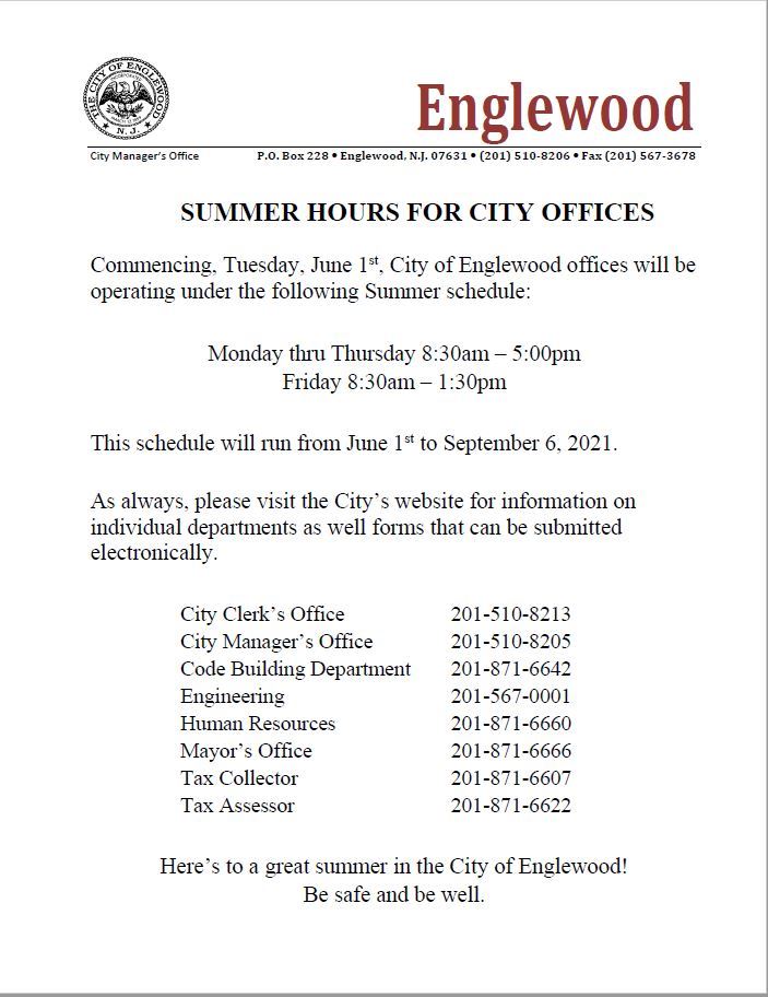 Summer Hours for City Offices