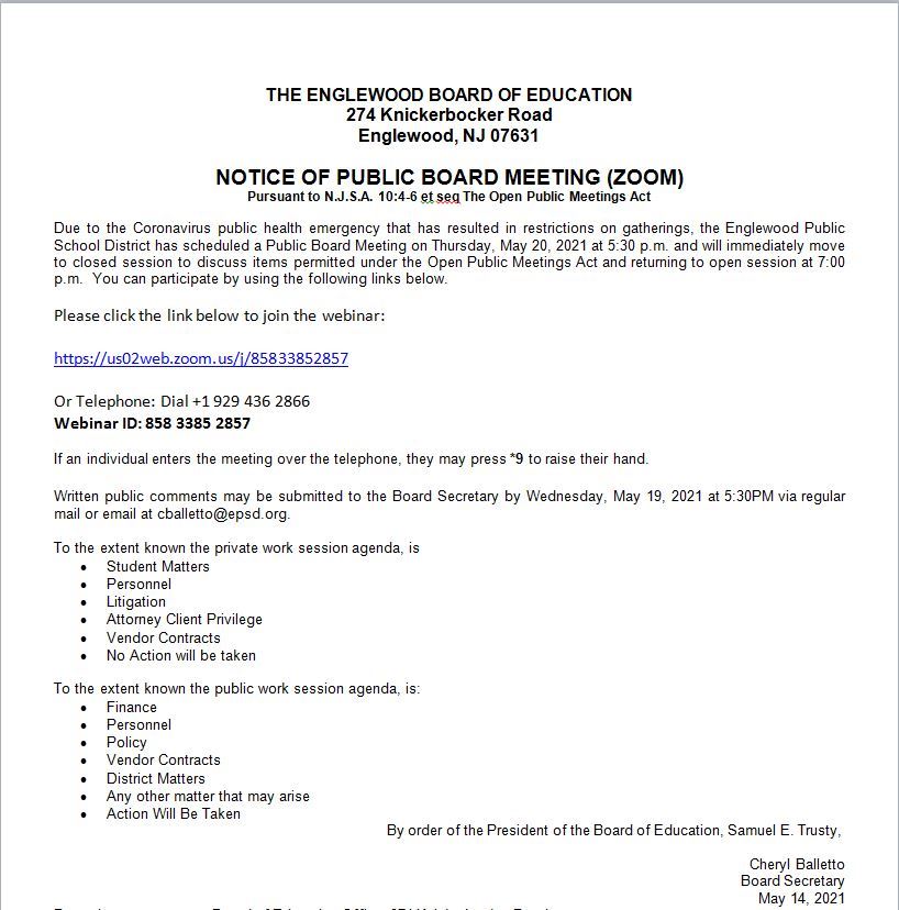 Notice of Public Board Meeting - May 20th