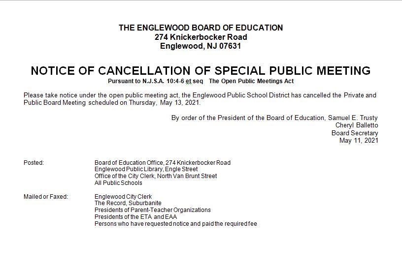 Notice of Cancellation of Special Public Meeting - May 13th
