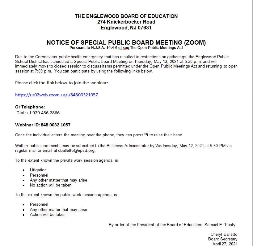 Notice of Special Public Meeting - May 13th