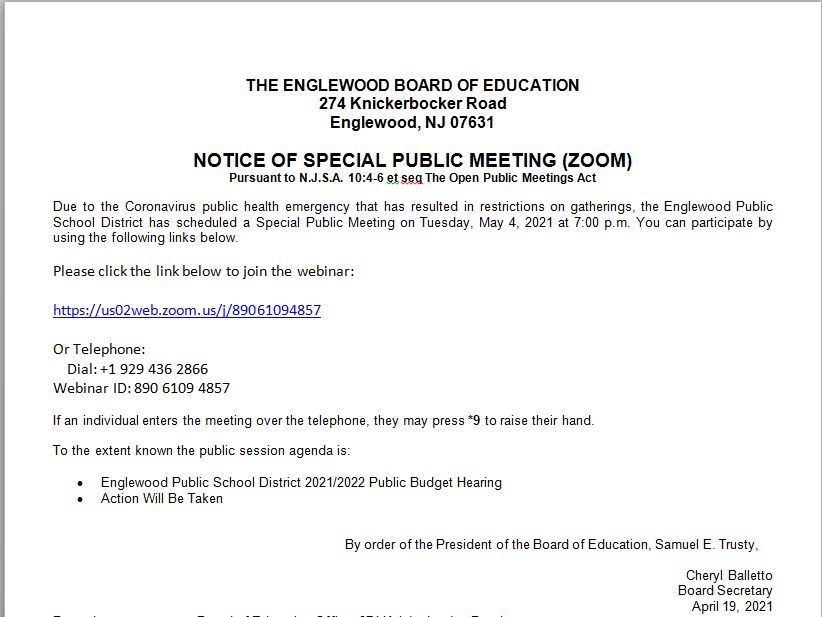 Notice of Special Public Meeting - May 4th