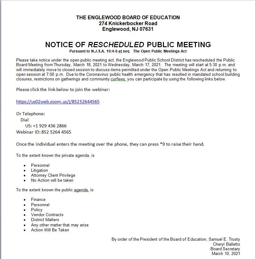 Notice of Rescheduled Public Meeting - March 17th