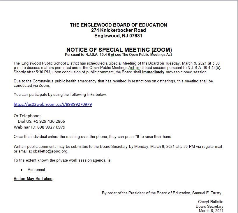 Notice of Special Meeting - March 9th