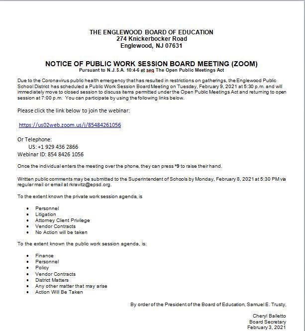 Notice of Public Work Session Board Meeting February 9th
