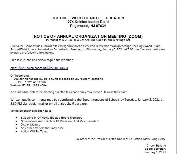 Notice of Annual Reorganization Meeting Public School