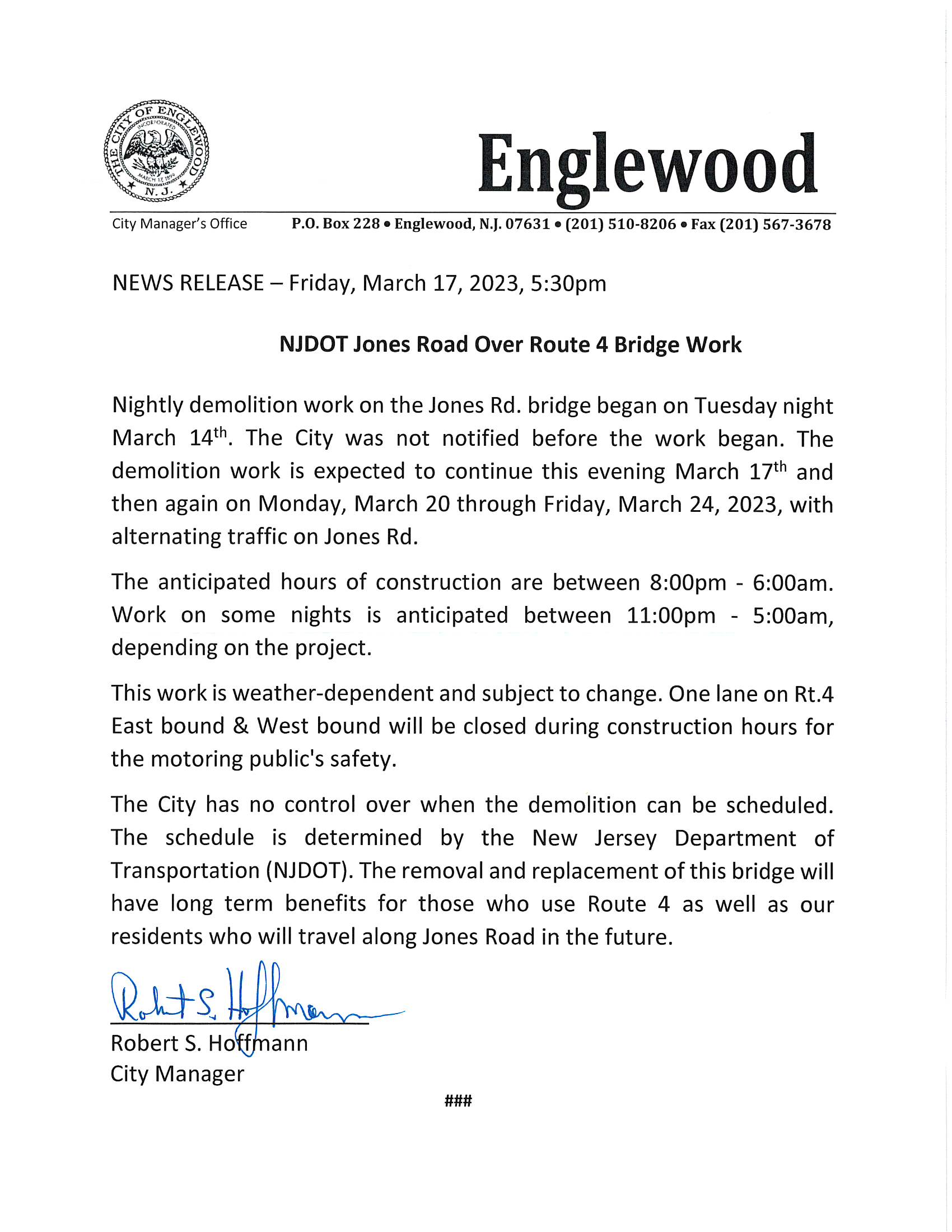 Press Release - NJDOT Jones Road Over Route 4 Bridge Work
