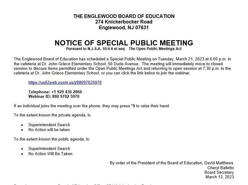 Notice of Special  Public Meeting - March 21st