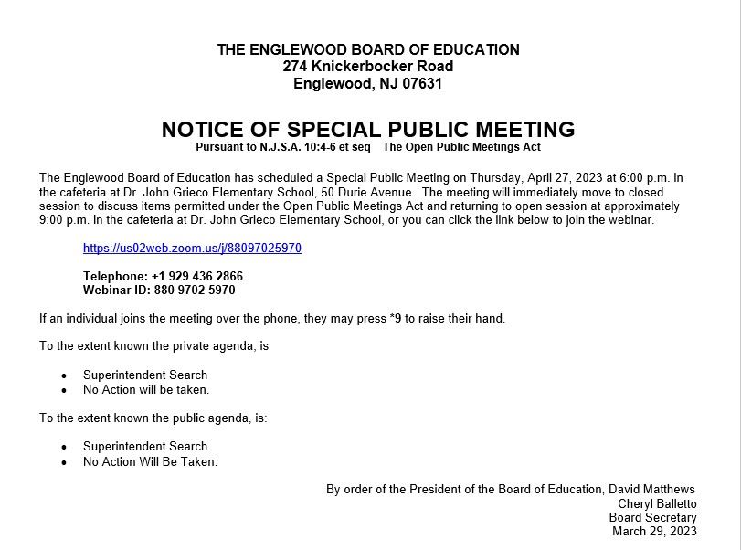 Notice of Special Public Meeting - April 27th