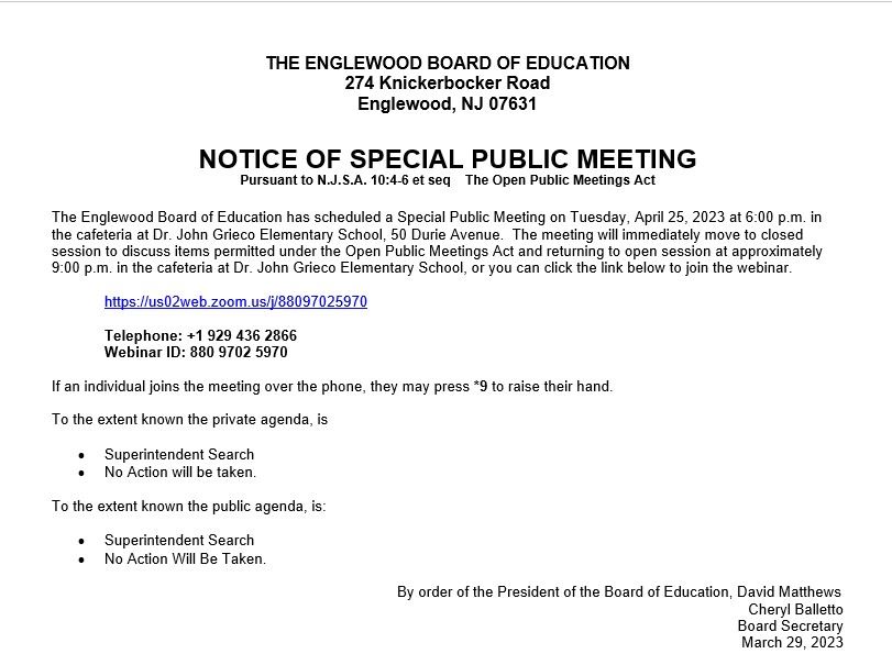 Notice of Special Public Meeting - April 25th