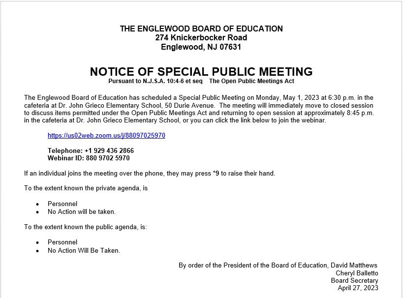 Notice of Special Public Meeting - May 1st