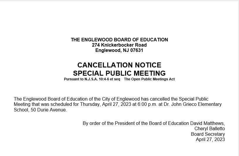 Cancellation Notice - Special Public Meeting - April 27th