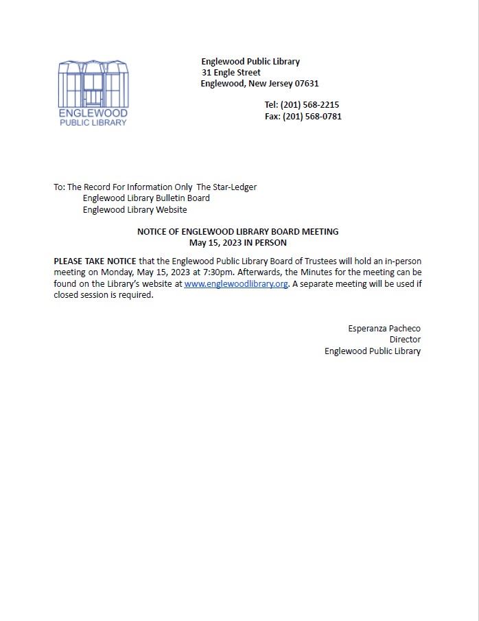 Notice of Englewood Library Board Meeting - May 15th