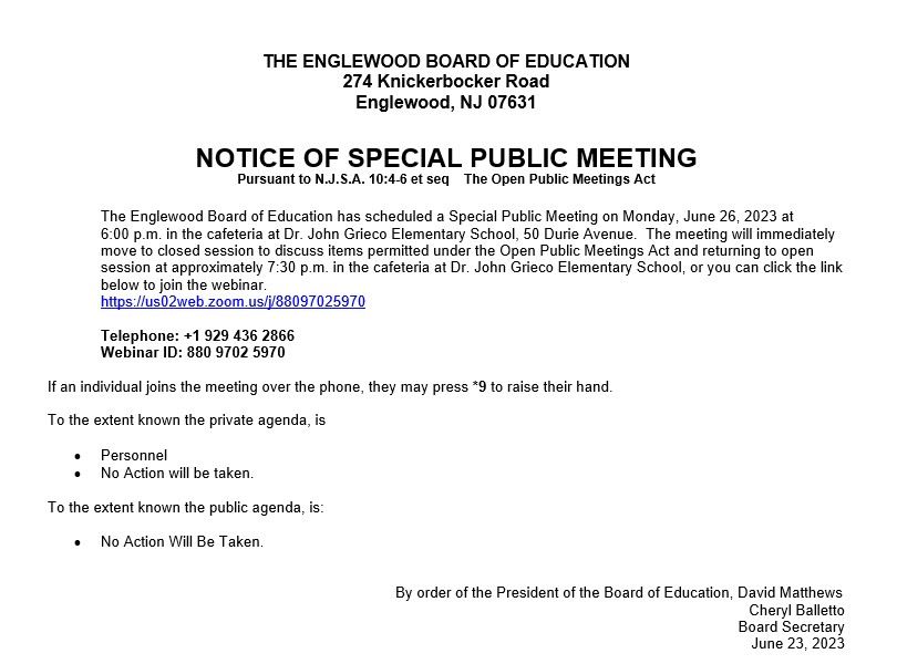 Notice of Special Public Meeting - June 26th