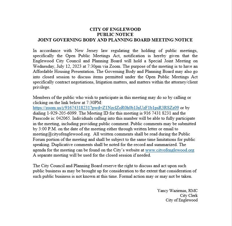 Joint Governing Body and Planning Board Meeting Notice