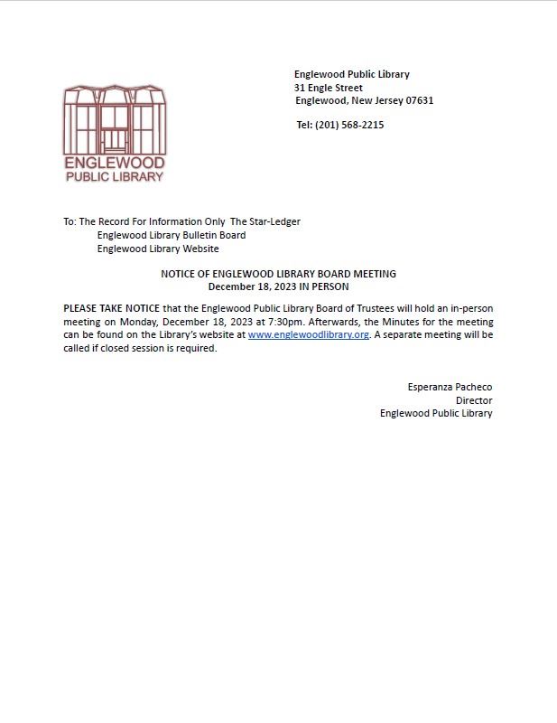 Notice of Englewood Library Board Meeting - December 18th 2023