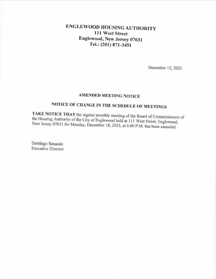 Cancellation of December 18th Board Meeting