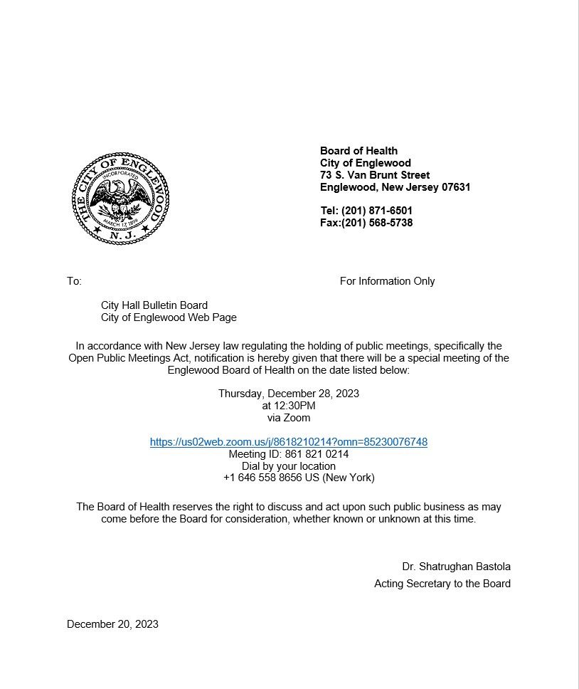 Notice of Special Public Meeting - Englewood Board of Health - December 28th