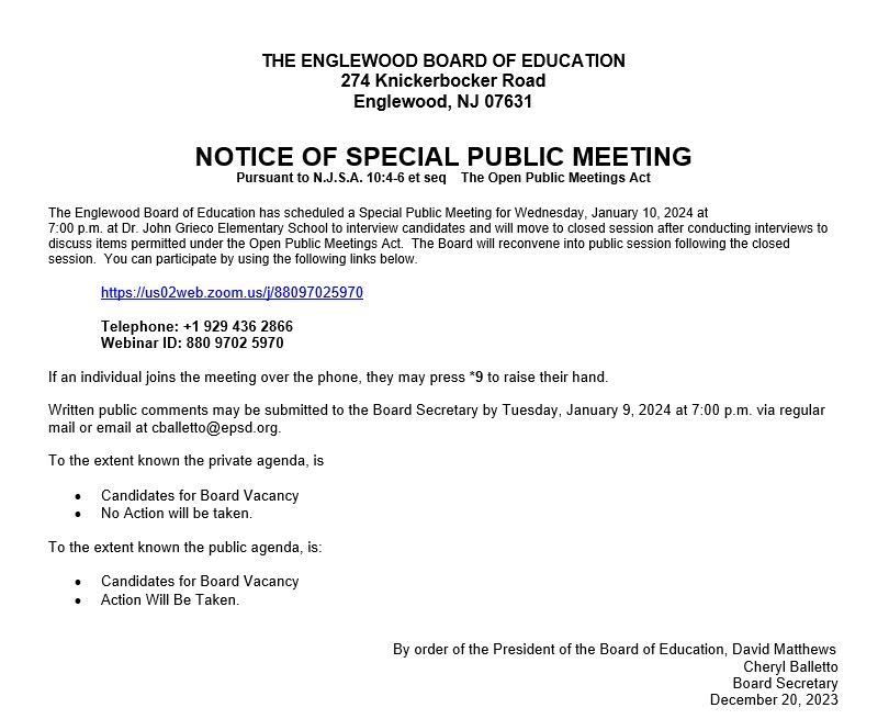 Notice of Special Public Meeting - January 10th
