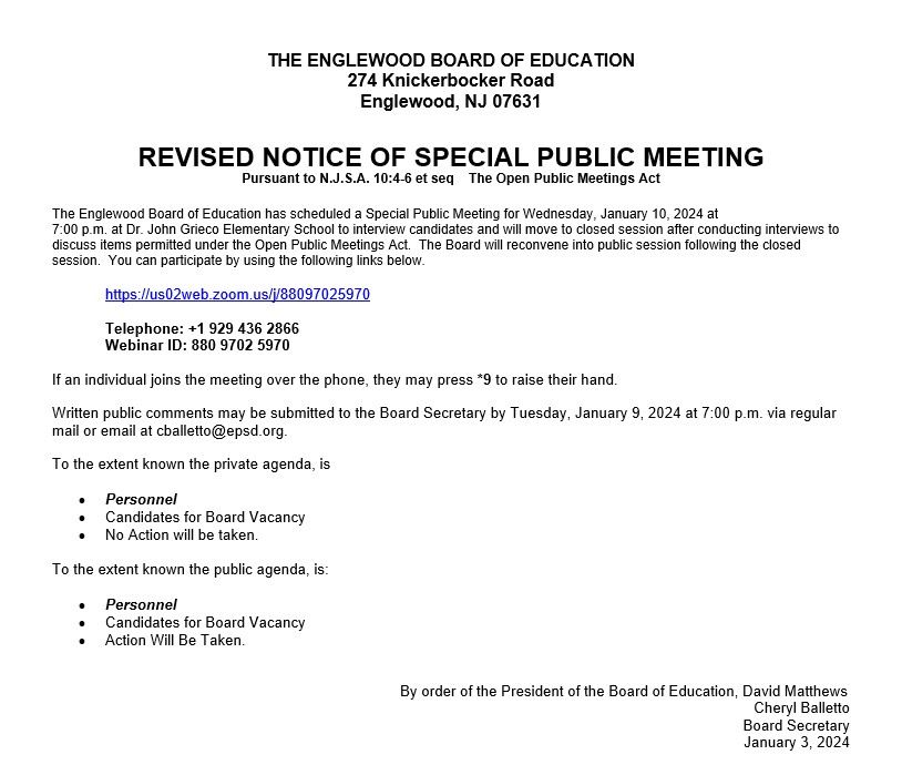 Revised Notice of Special Public Meeting BOE - January 10th