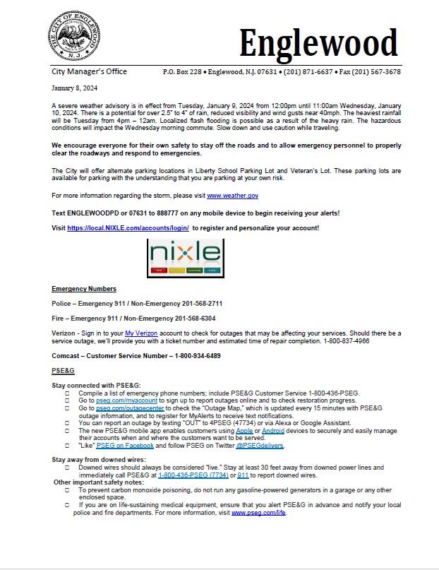 Weather Advisory from City Manager - 1-8-24