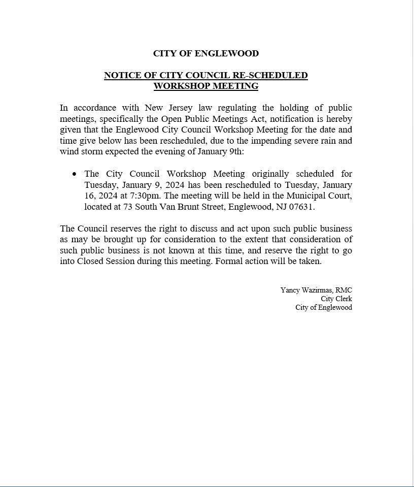 Notice of City Council Rescheduled Workshop Meeting