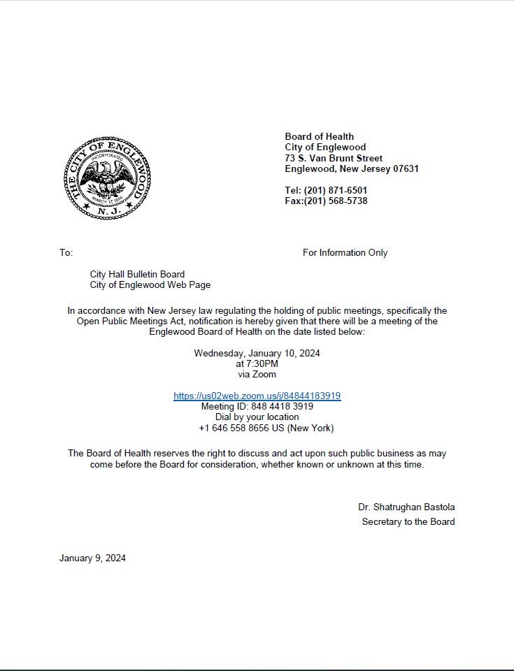 Public Notice January Meeting - Board of Health