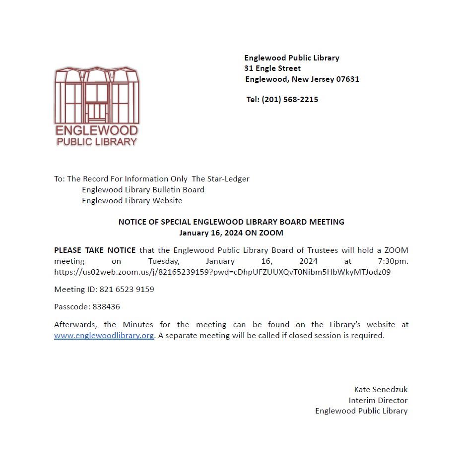 Notice of Special Englewood Library Board Meeting - January 16th 2024