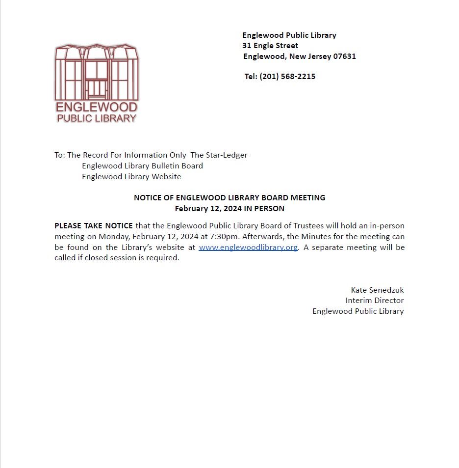 Notice of Englewood Library Board Meeting - February 12th