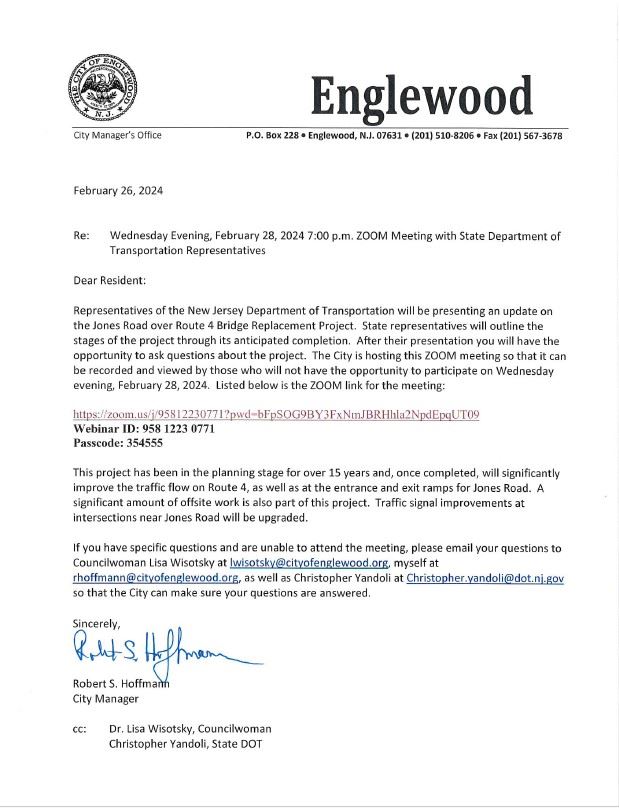 Letter to Residents regarding ZOOM Meeting on Jones Road Over Route 4 Bridge Replacement Project